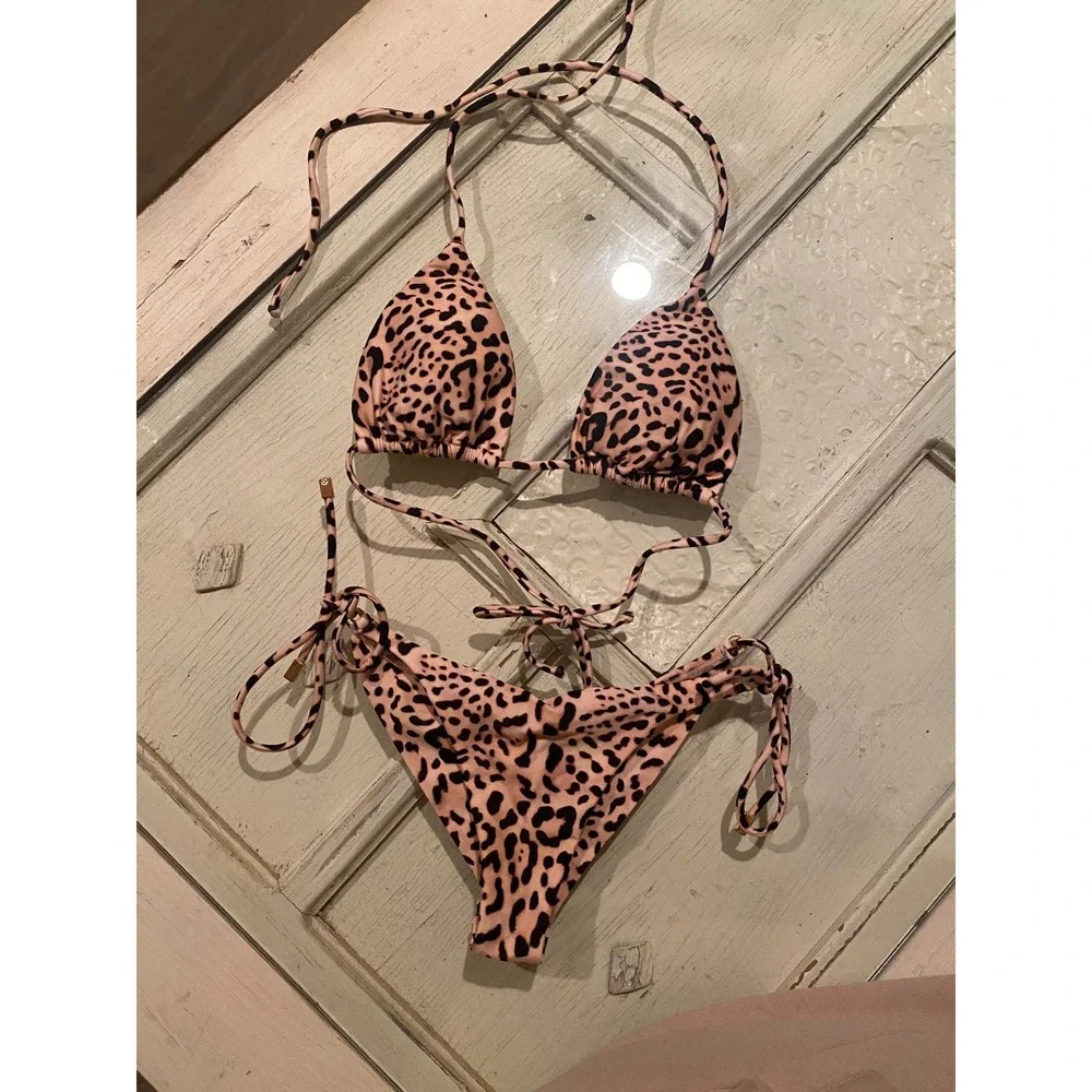 Triangl Triangle Bikini Set Women's Size S Velvet Leopard Print Spaghetti NWT
